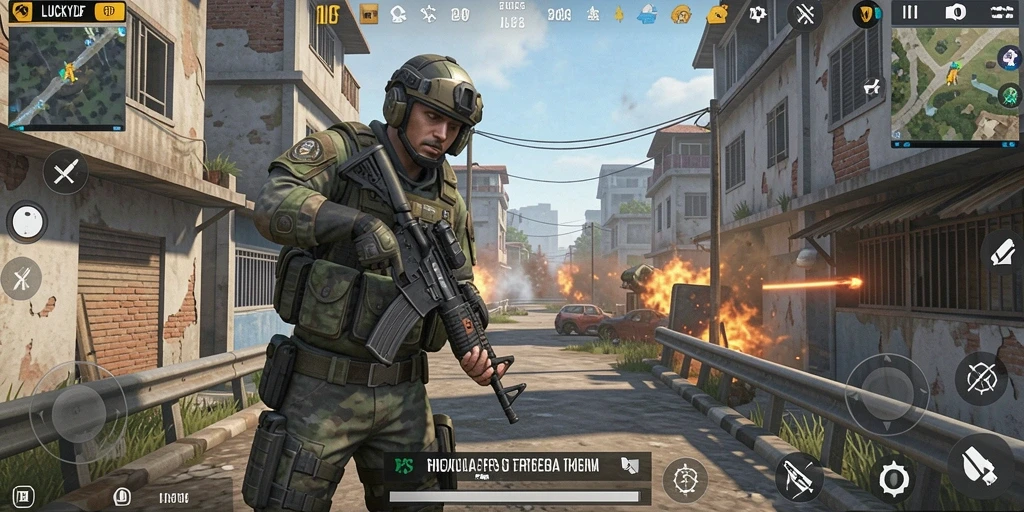 Screenshot gameplay <strong>LUCKYDF</strong> yang menampilkan aksi tembak-menembak intens.