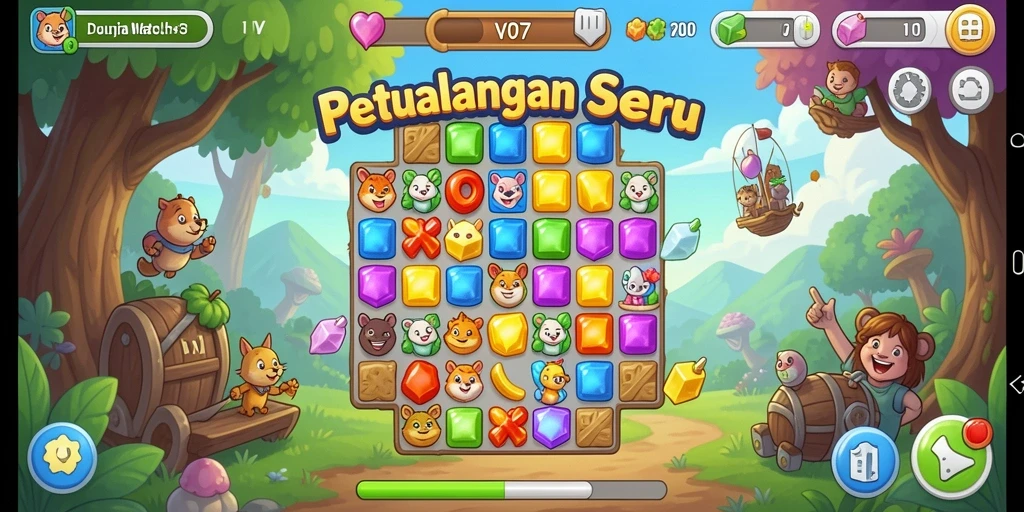 Screenshot V07 menampilkan gameplay seru Match-3 dengan grafis menarik.